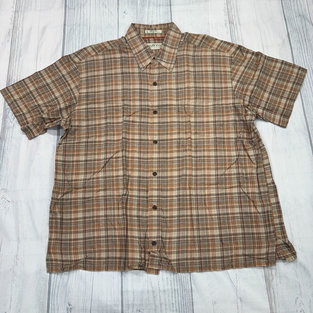 ORVIS Button Shirt XL Plaid Beige Cotton Short Sleeve Work Fish Mens